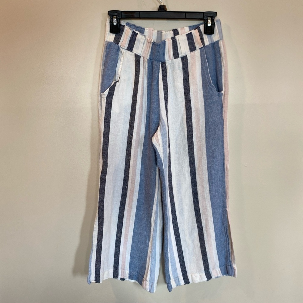 Indigo Rein Linen Blend Wide Split Leg Pants Size S Stripes Blue White Pull On